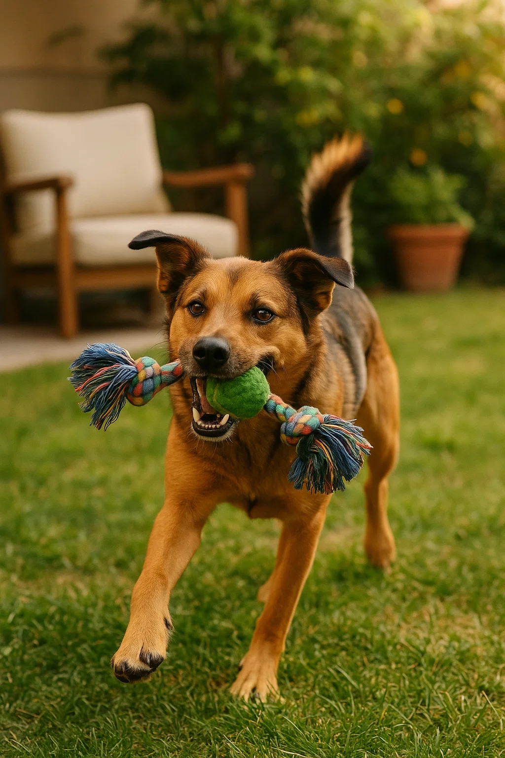 Chien adulte tenant une corde avec balle dans sa gueule, symbole des moments de joie et de complicité au quotidien