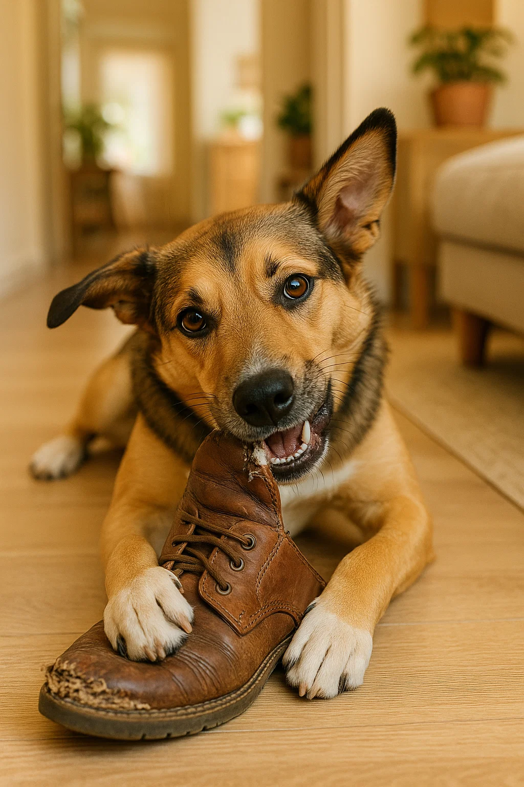 Chien adulte mâchouillant une chaussure, symbole des problèmes de comportement canin et de l’importance de trouver des solutions adaptées