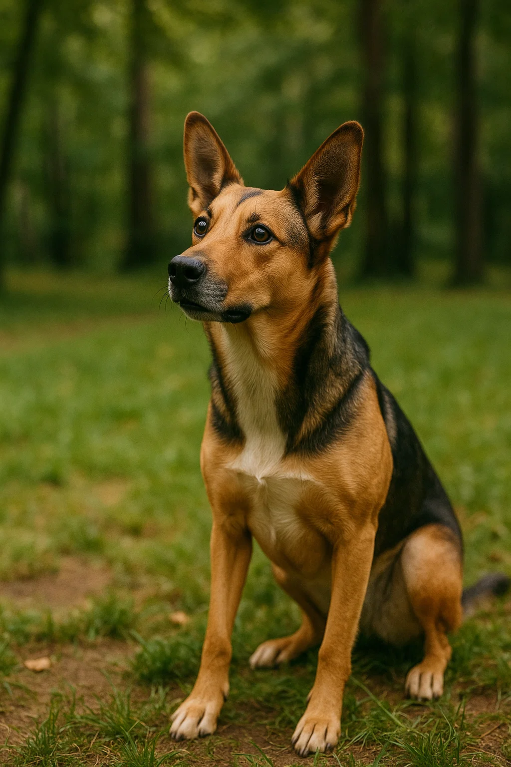 Chien adulte assis dans un parc, oreilles dressées et regard attentif, illustrant l’importance de comprendre le langage corporel canin