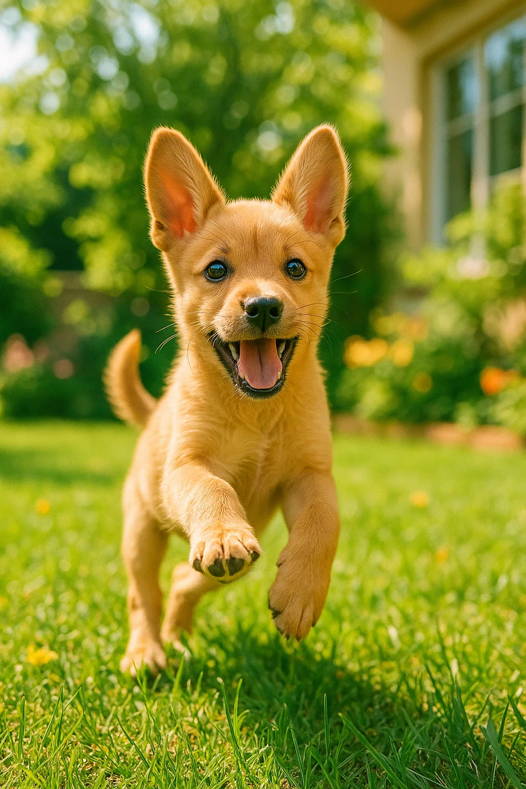 Chiot de 2 à 4 mois courant dans un jardin ensoleillé, symbole de joie et d’énergie positive dans l’univers du chiot