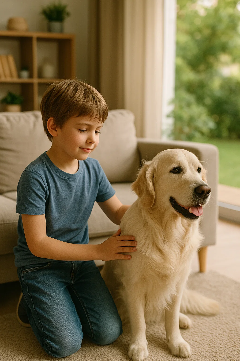 Petit garçon caressant calmement un Golden Retriever dans un salon, image de complicité et d’éducation positive chien-enfant
