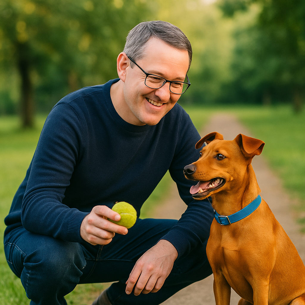 Homme souriant qui tient une balle pour jouer avec son chien au collier bleu, complicité et éducation canine positive