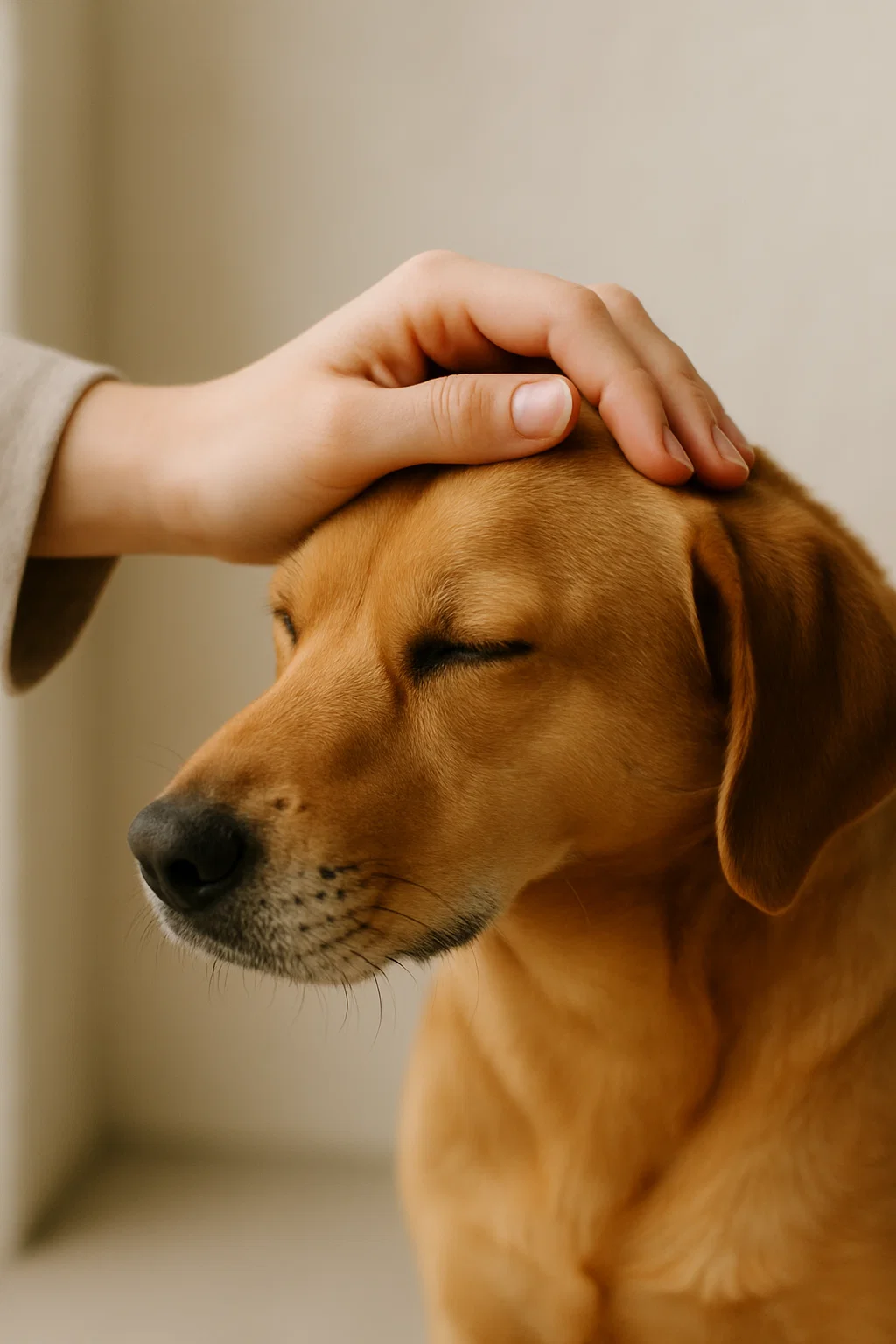 Main humaine caressant doucement la tête d’un chien, symbole de confiance et d’éducation bienveillante