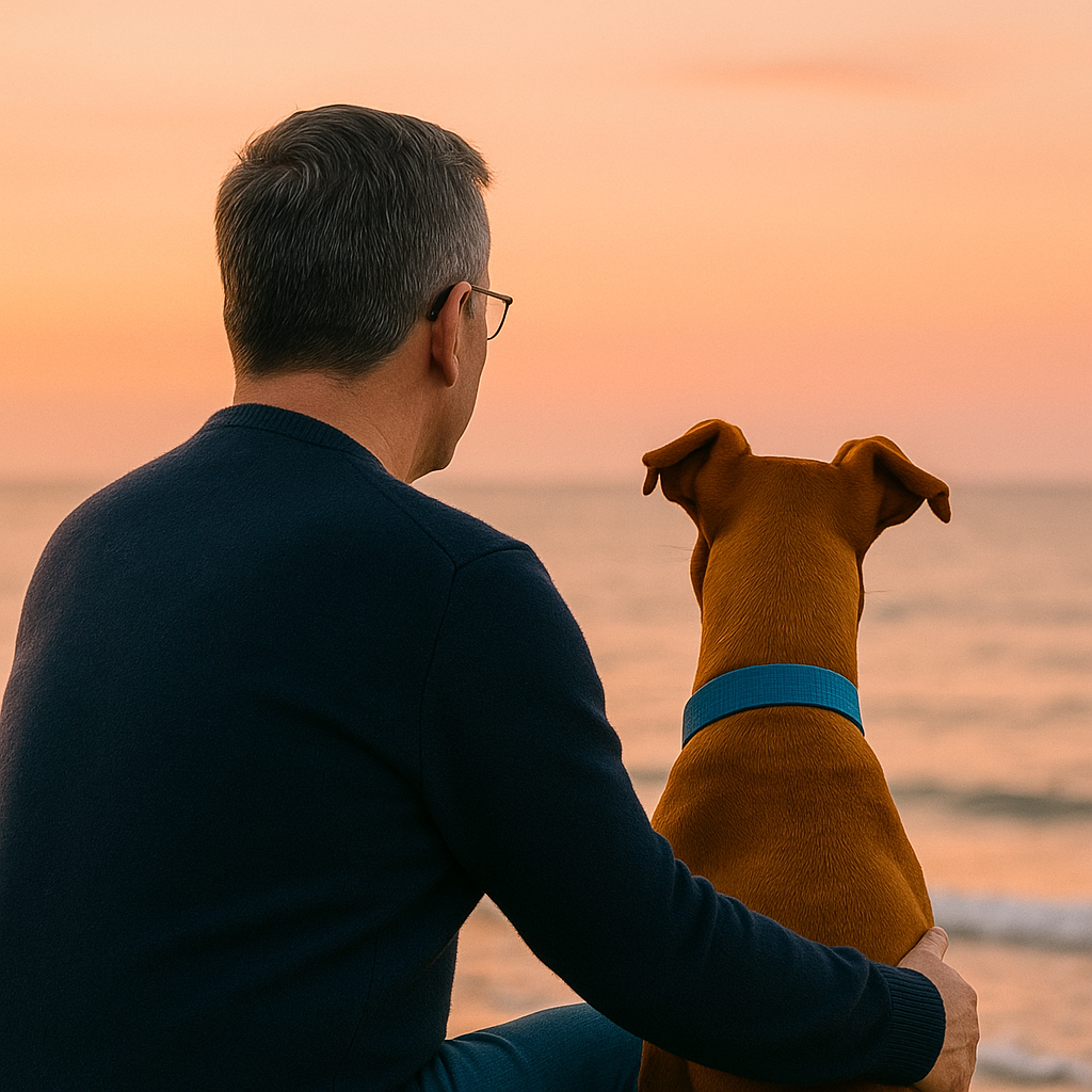 image de luna et bruno face a une plage et un coucher de soleil
