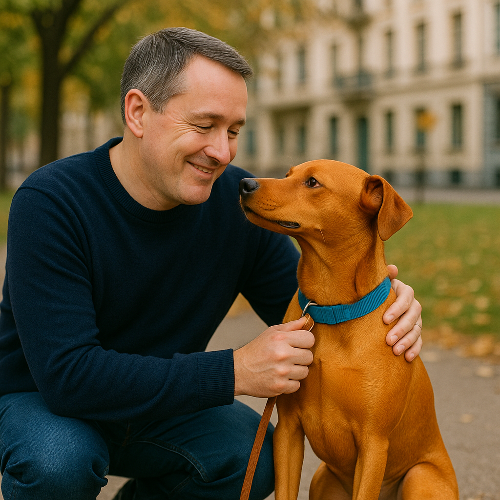 image de luna et bruno dans une ville.luna est assise et bruno lui sourit
