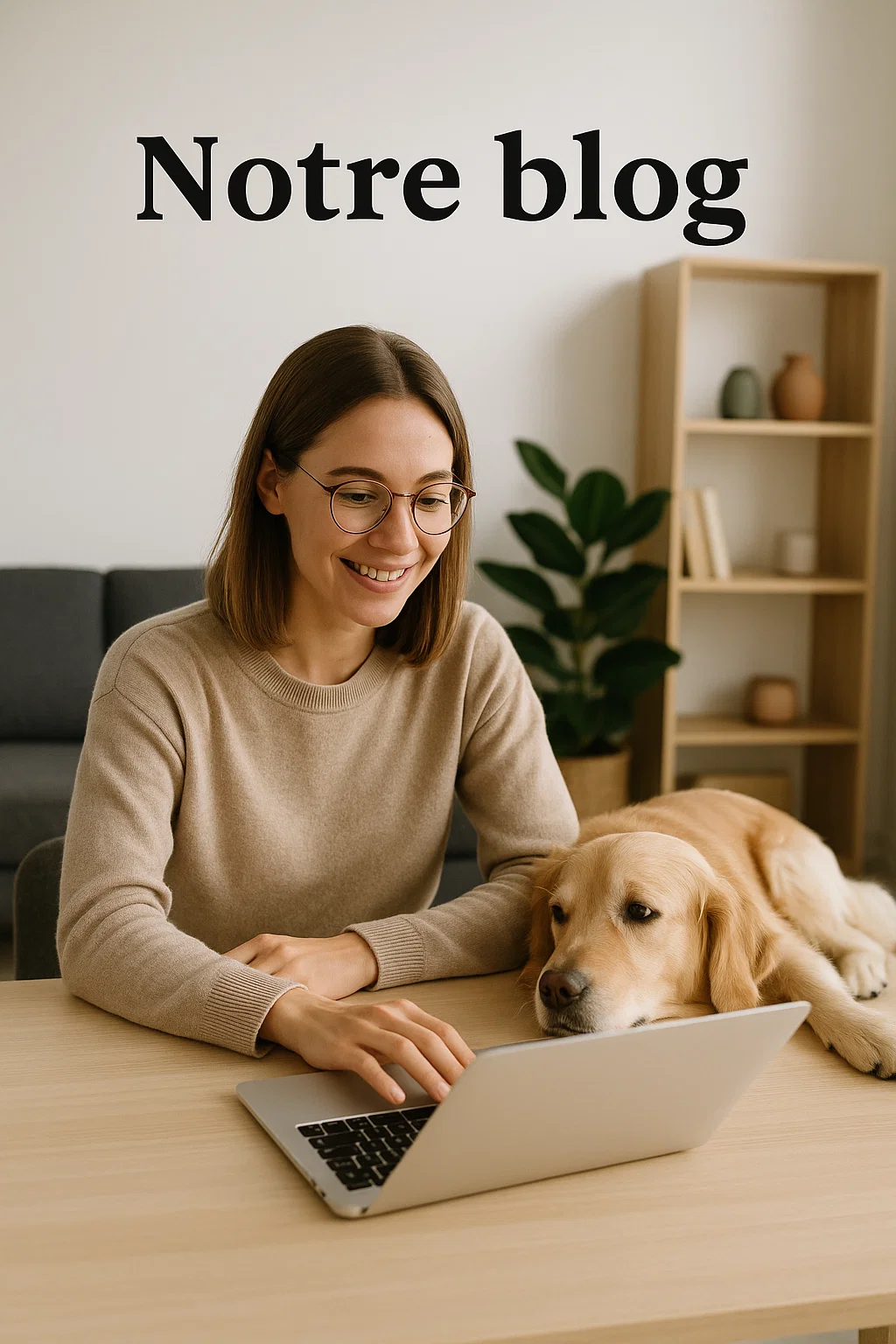 Femme souriante travaillant sur son ordinateur portable avec un Golden Retriever détendu à ses côtés, illustrant le blog d’éducation canine positive