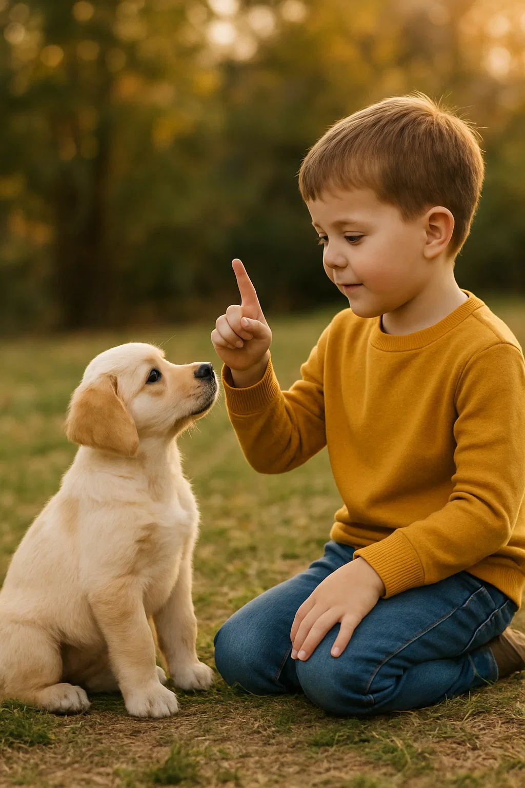 Petit garçon apprenant l’obéissance à son chiot labrador avec un geste d’éducation canine positive