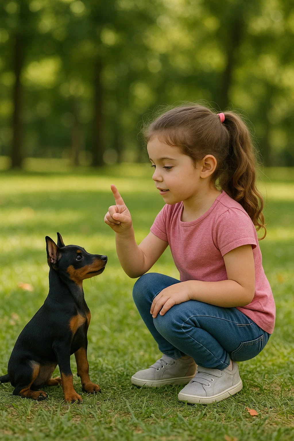 Petite fille montrant un geste d’éducation canine positive à son chiot pinscher assis sur l’herbe