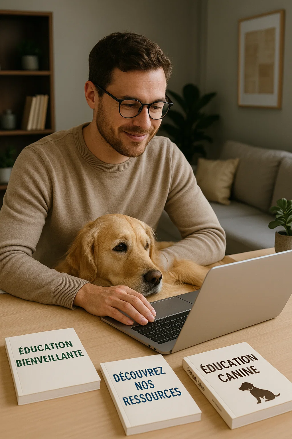 Homme assis à une table avec son chien Golden Retriever, consultant des ressources et guides d’éducation canine positive